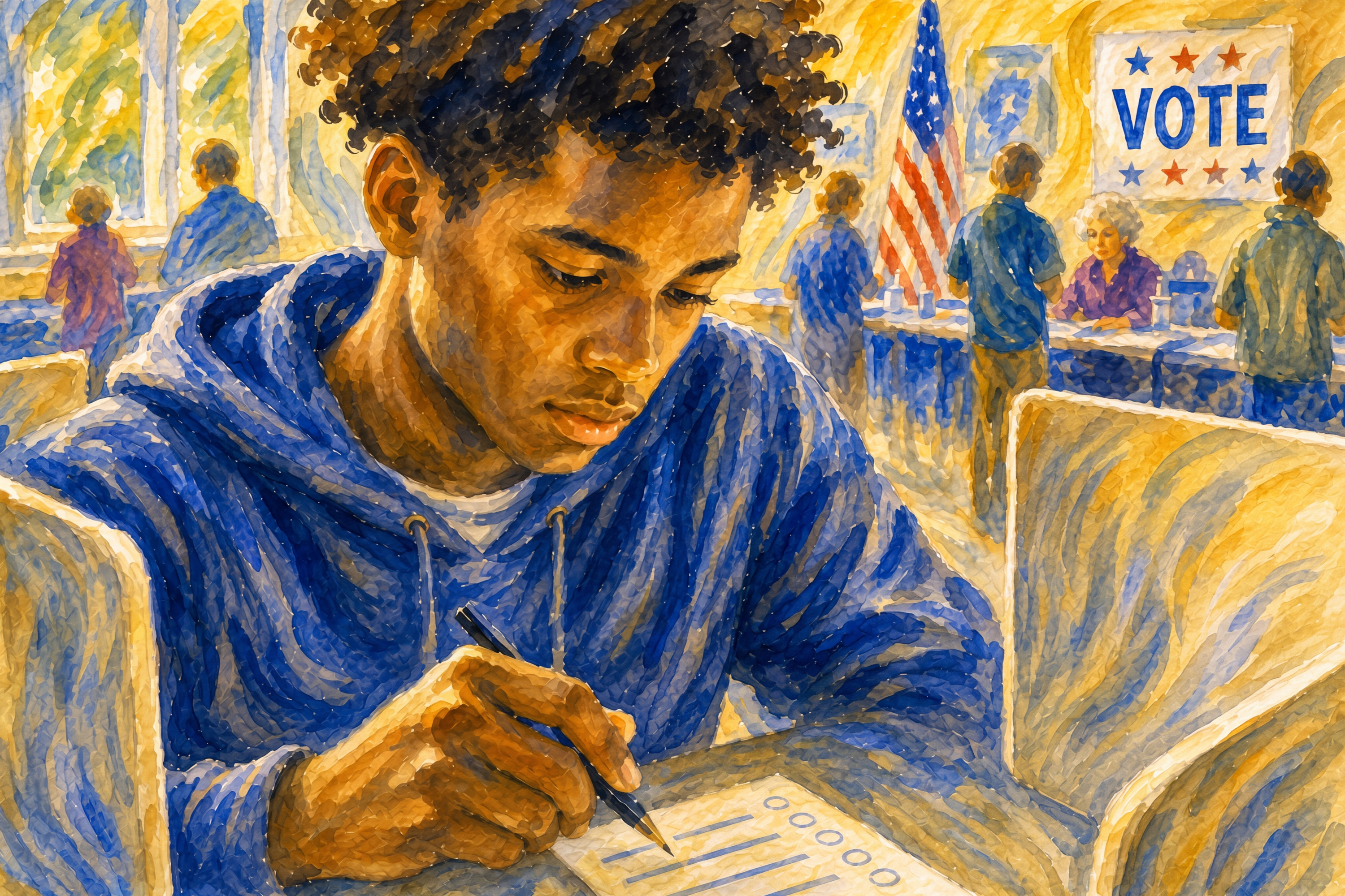 Democracy art showing a young African American man voting for the first time in a bright community polling place. He thoughtfully holds a pen above a ballot while voters, an American flag, and a vote sign appear softly in the background, symbolizing civic responsibility and the power of every voice.
