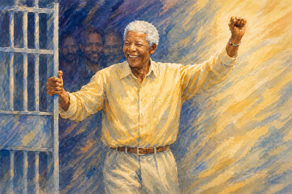 Democracy art and political art of Nelson Mandela Stepping through a prison gate, smiling and raising his fist as figures in remain in shadow behind him. Warm light fills the space ahead, contrasting with darker fills the space ahead, contrasting with the darker interior, suggesting a transition from confinement to freedom.