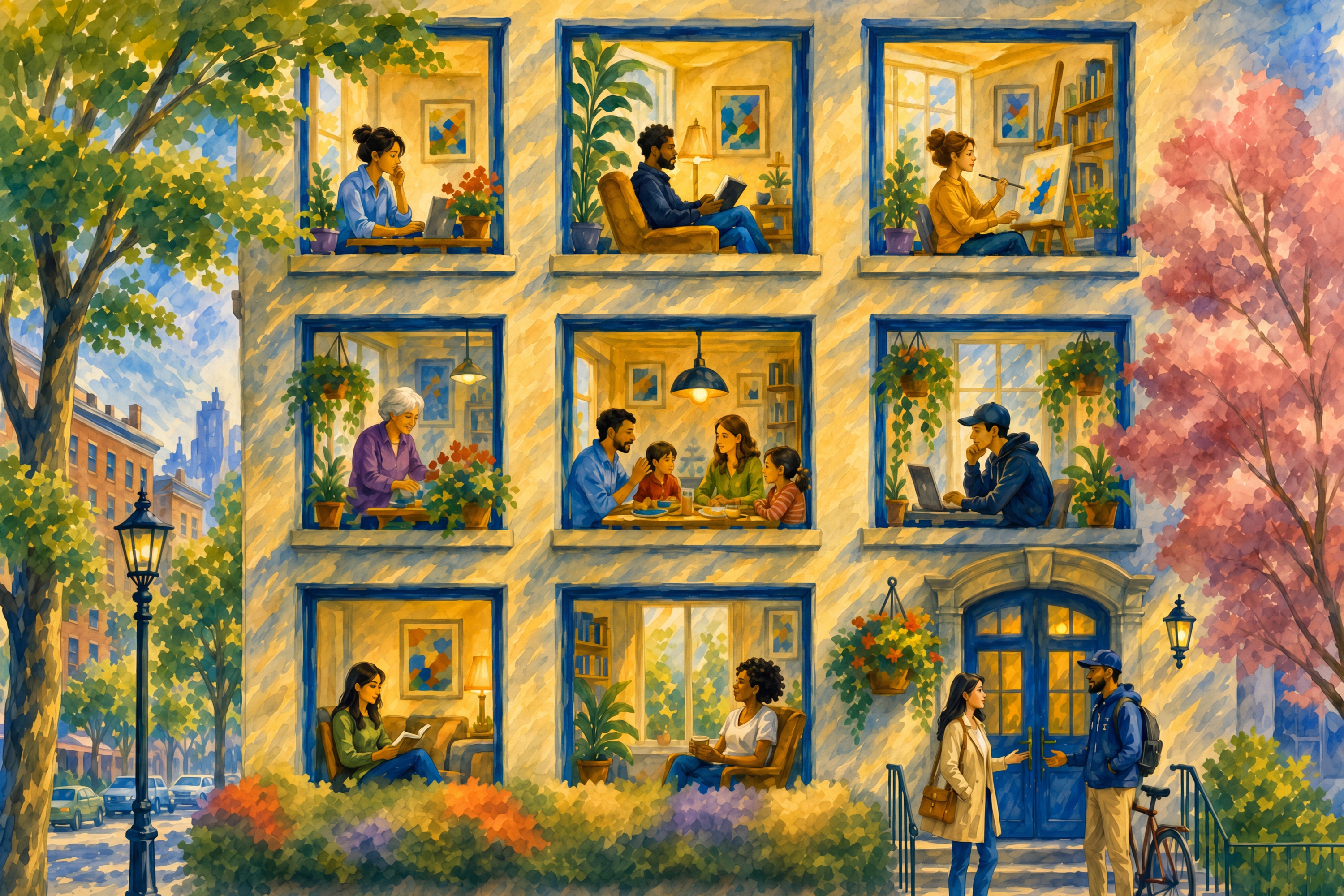 Watercolor print of a sunlit apartment building with diverse residents visible through different windows. Individuals and families read, create, work, and gather separately while two neighbors talk outside near flowers and trees, symbolizing different perspectives within one shared community.
