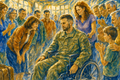 Veteran in wheelchair welcomed with applause at airport, citizens thanking him for his service and sacrifice, expressive watercolor civic art