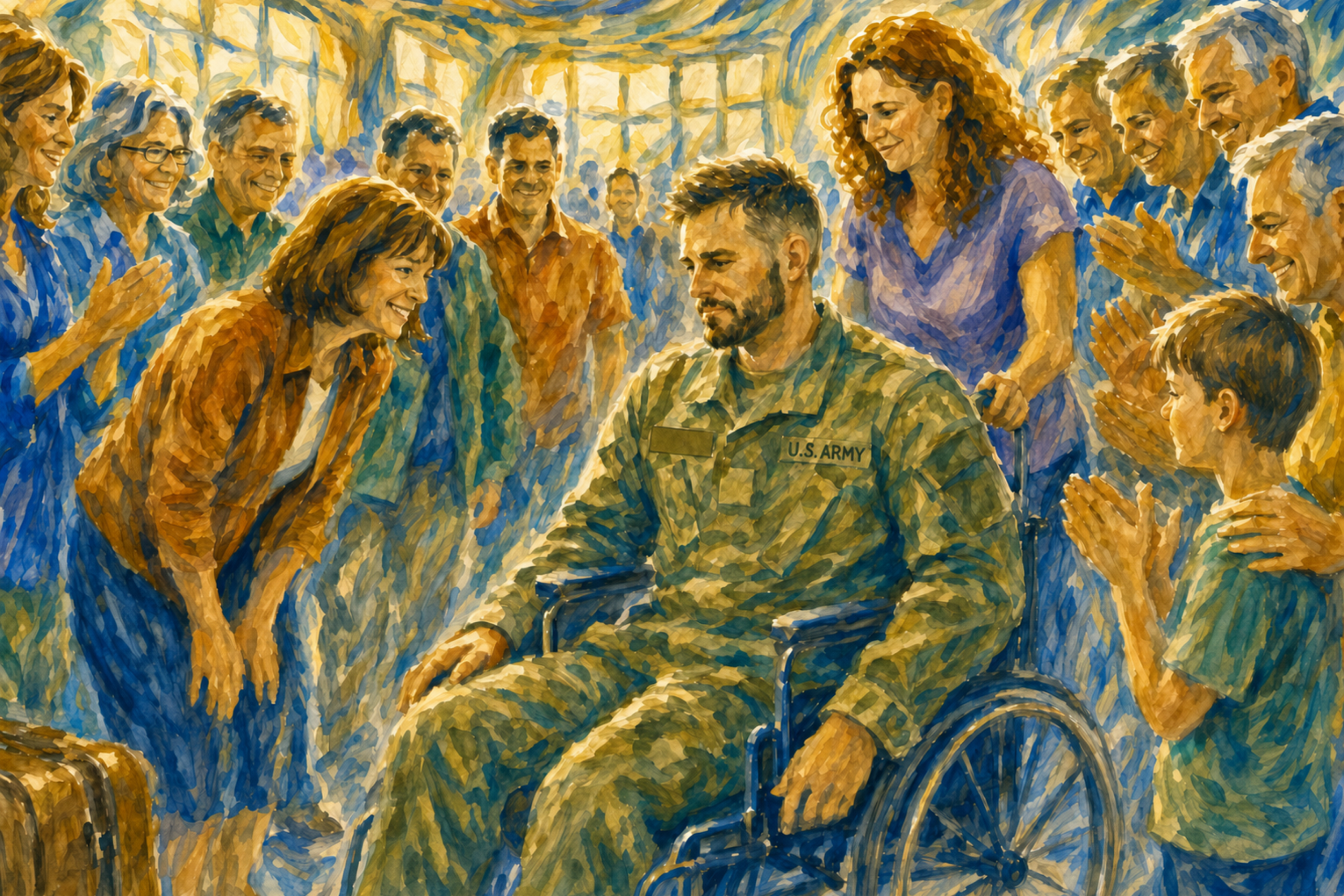 Veteran in wheelchair welcomed with applause at airport, citizens thanking him for his service and sacrifice, expressive watercolor civic art