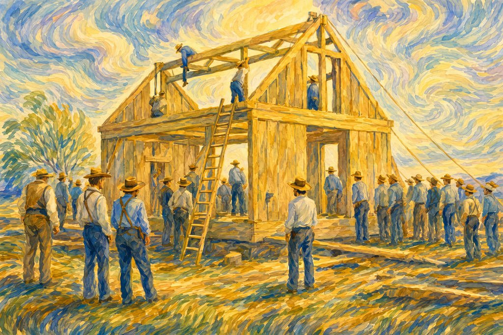 Civic art showing a group of Amish men raising a house for a neighbor