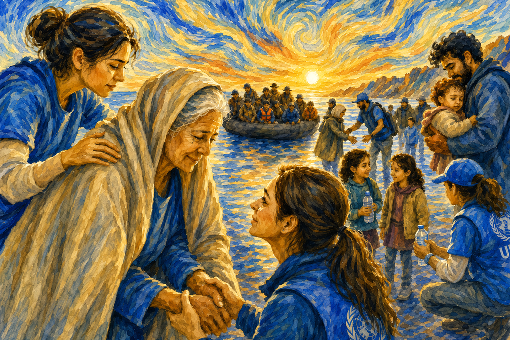 Democracy art watercolor depicting volunteers welcoming refugees at sunrise, as an elderly woman clasps the hands of a compassionate aid worker while families and children find safety along a peaceful shoreline, symbolizing human dignity, hope, and the compassionate values that strengthen democratic societies.