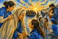 Democracy art watercolor depicting volunteers welcoming refugees at sunrise, as an elderly woman clasps the hands of a compassionate aid worker while families and children find safety along a peaceful shoreline, symbolizing human dignity, hope, and the compassionate values that strengthen democratic societies.