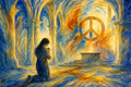 Woman kneels in prayer to a peace symbol in a soft, expressive watercolor painting.