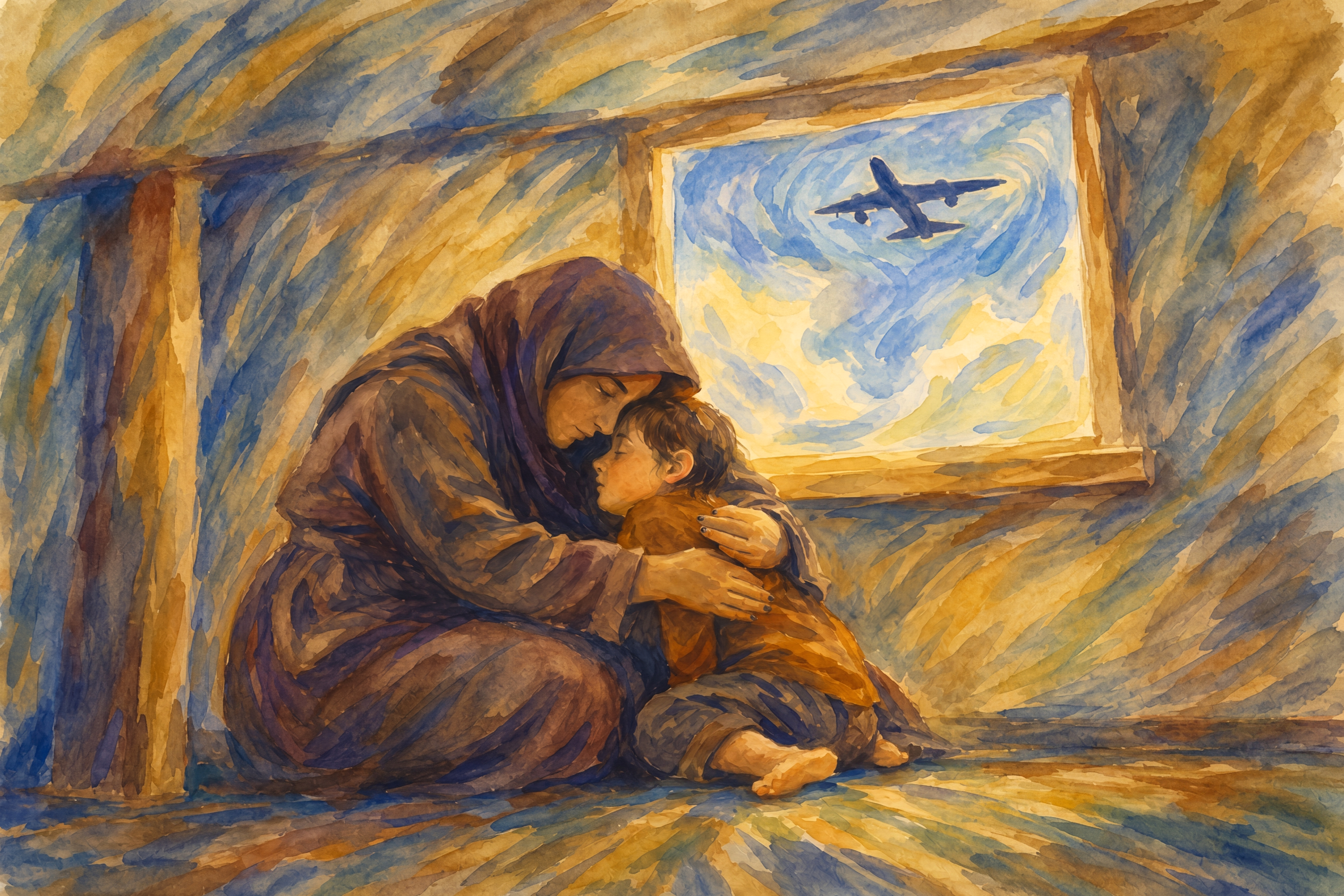 Parent and child huddle together beneath a table as a war plane flies overhead, shown in a somber watercolor scene of fear and protection