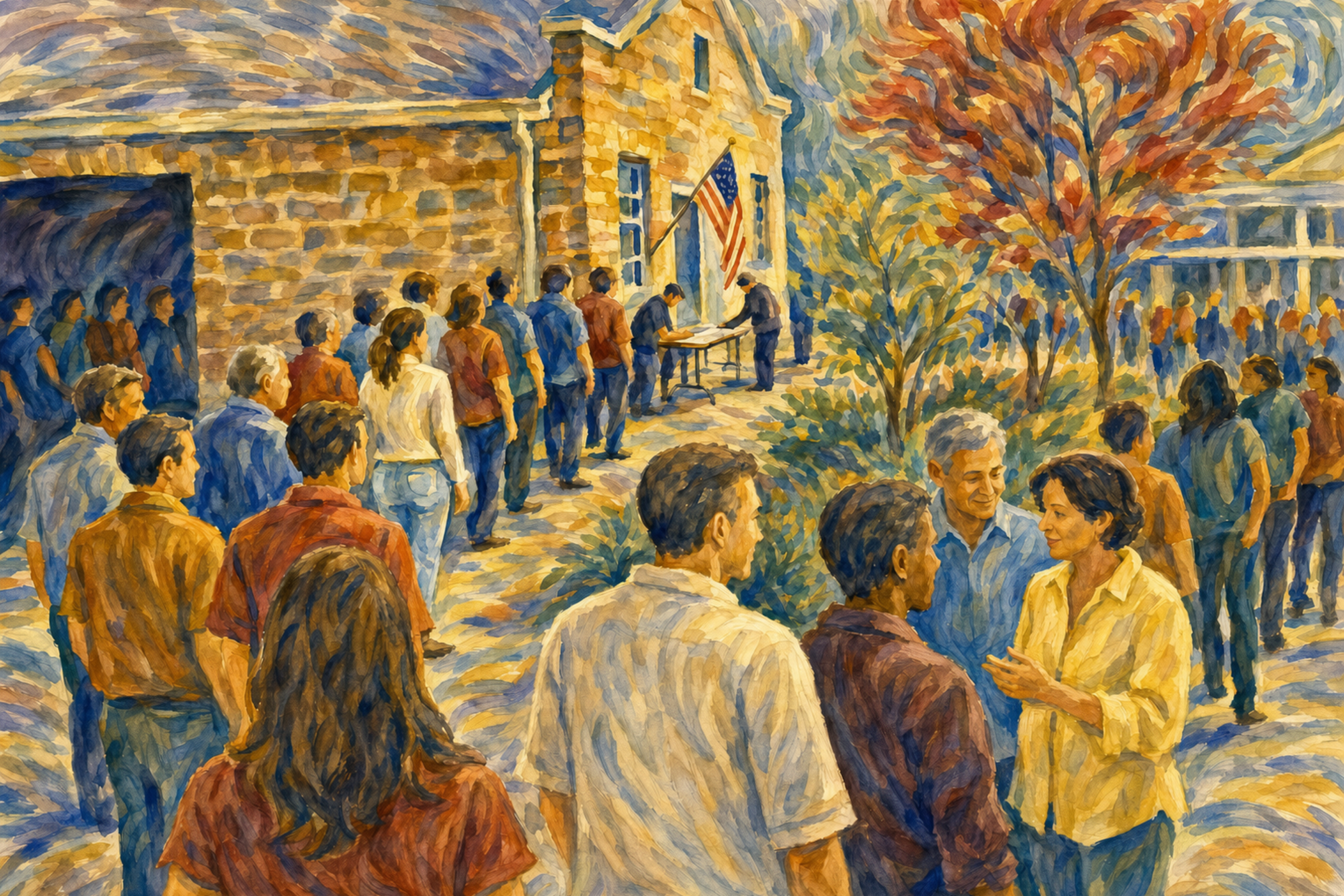 Citizens standing in line outside a neighborhood polling place, expressive voting art and civic engagement art celebrating democracy and civic participation.