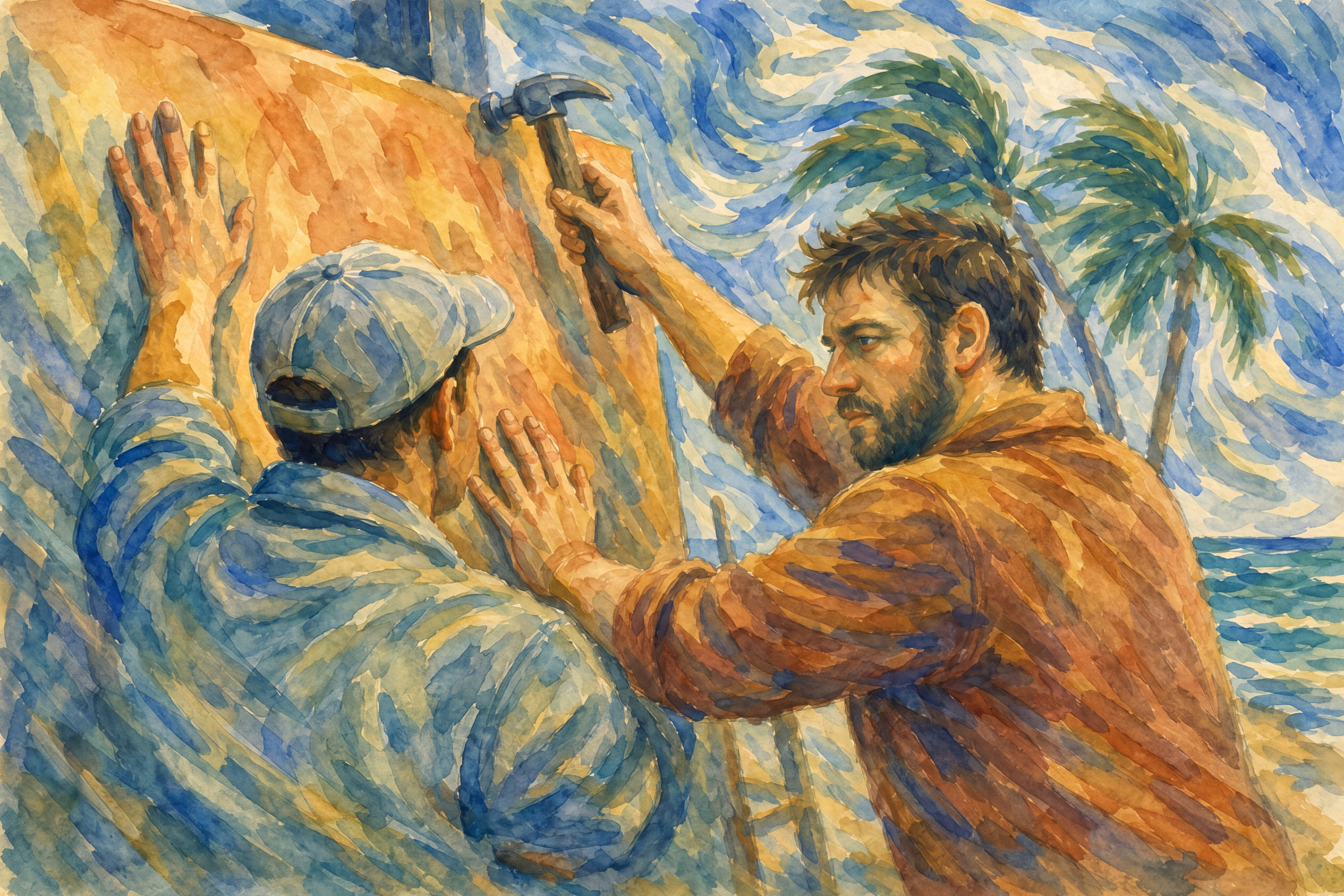 Watercolor civic art depicting neighbors working together to secure a home before an approaching hurricane, illustrating community teamwork and resilience.