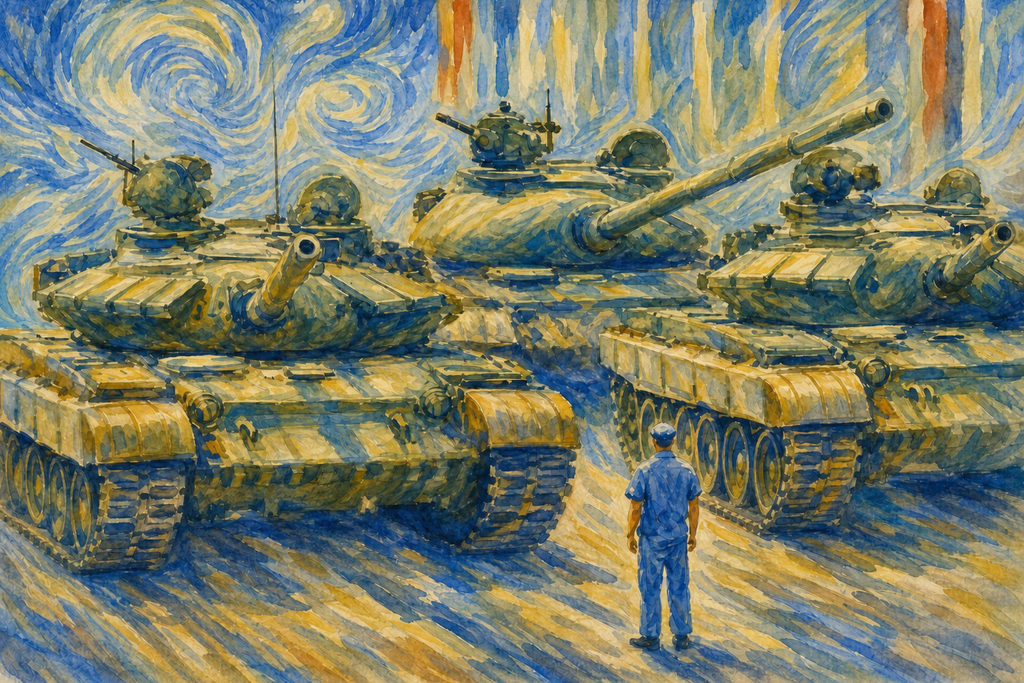 Democracy art and political art showing a lone man standing before a line of tanks in Tiananmen Square, symbolizing the courage of individuals who confront authoritarian power