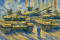 Democracy art and political art showing a lone man standing before a line of tanks in Tiananmen Square, symbolizing the courage of individuals who confront authoritarian power