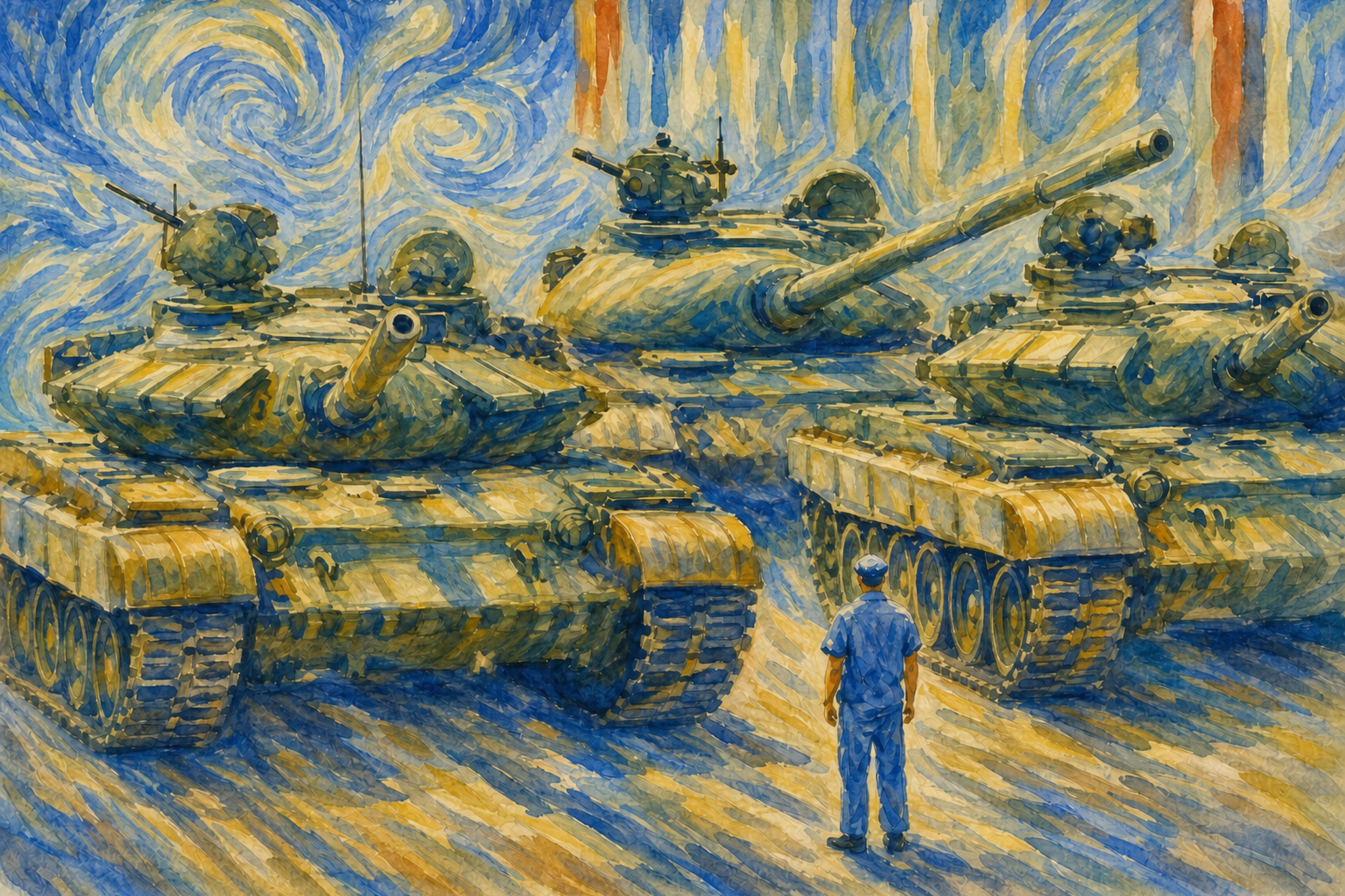 Democracy art and political art showing a lone man standing before a line of tanks in Tiananmen Square, symbolizing the courage of individuals who confront authoritarian power