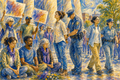 Civic art watercolor showing peaceful protesters with hands bound placing flowers on the ground in a quiet act of nonviolent civil disobedience.