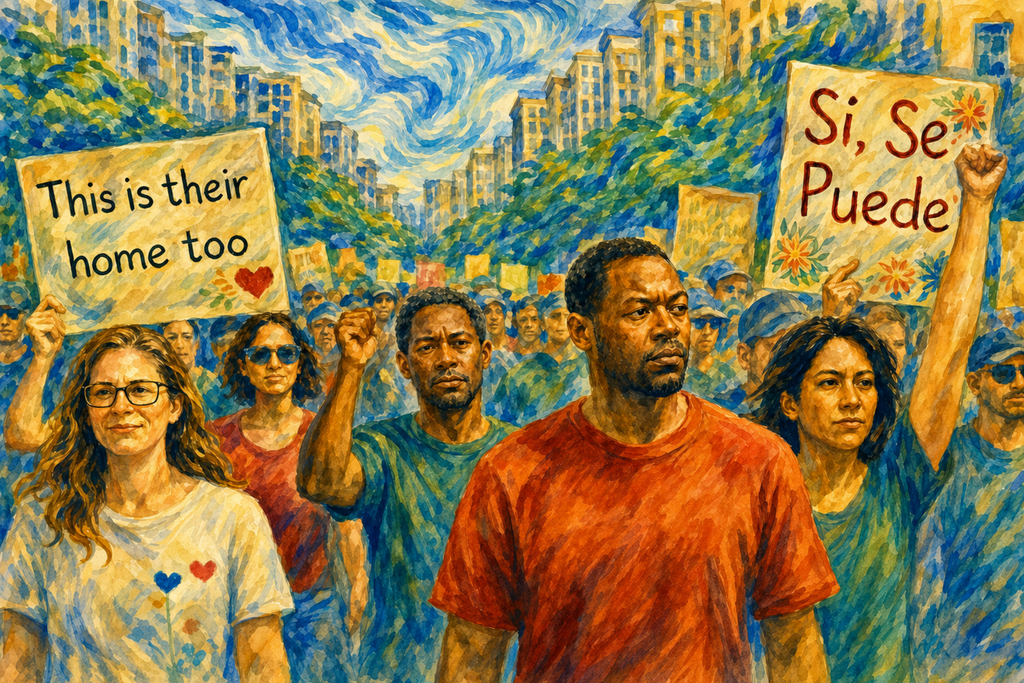 Watercolor civic art scene and political art with sign reading "This is their home too." Showing diverse marchers advocating belonging, community, and inclusion.