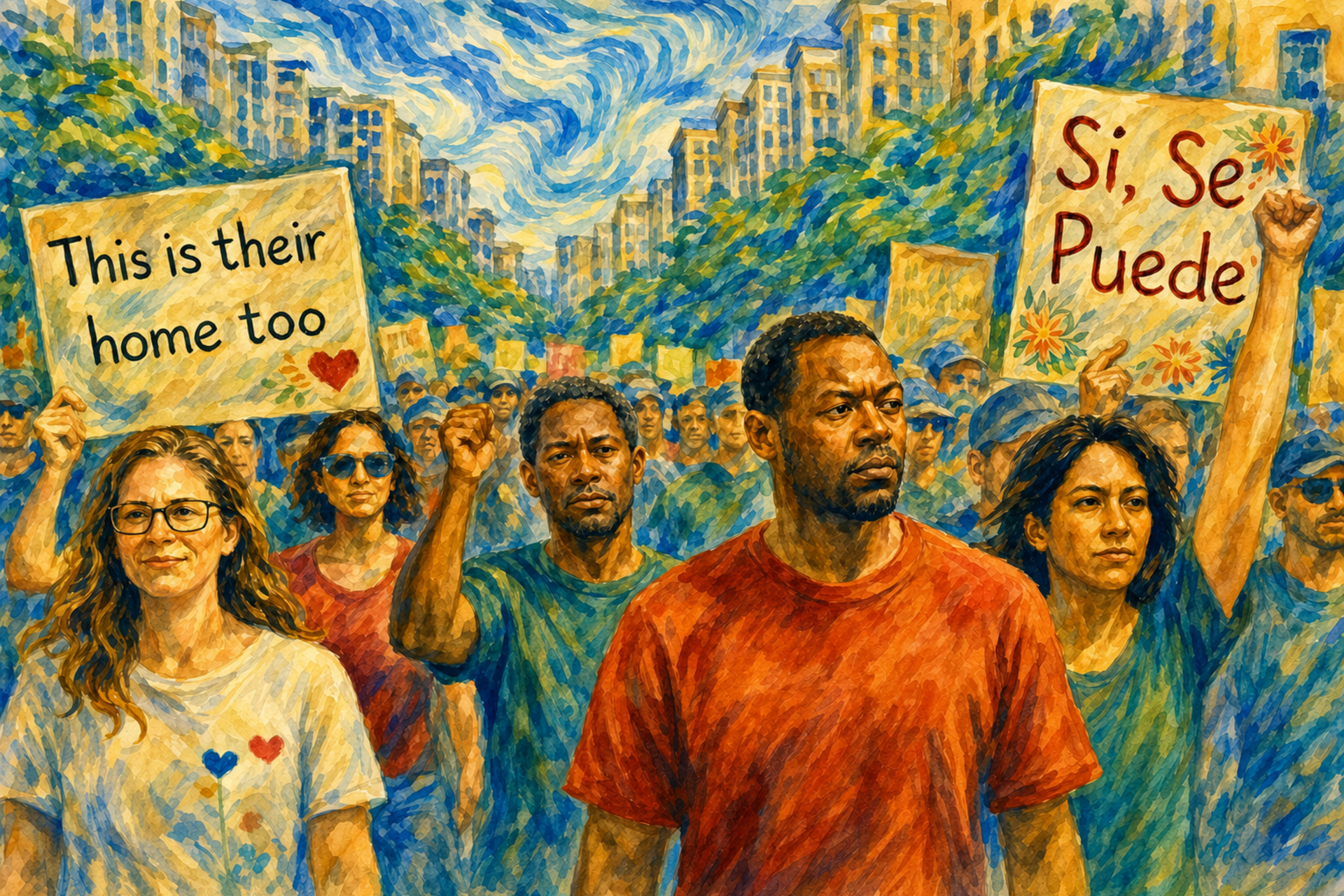 Watercolor civic art scene and political art with sign reading "This is their home too." Showing diverse marchers advocating belonging, community, and inclusion.