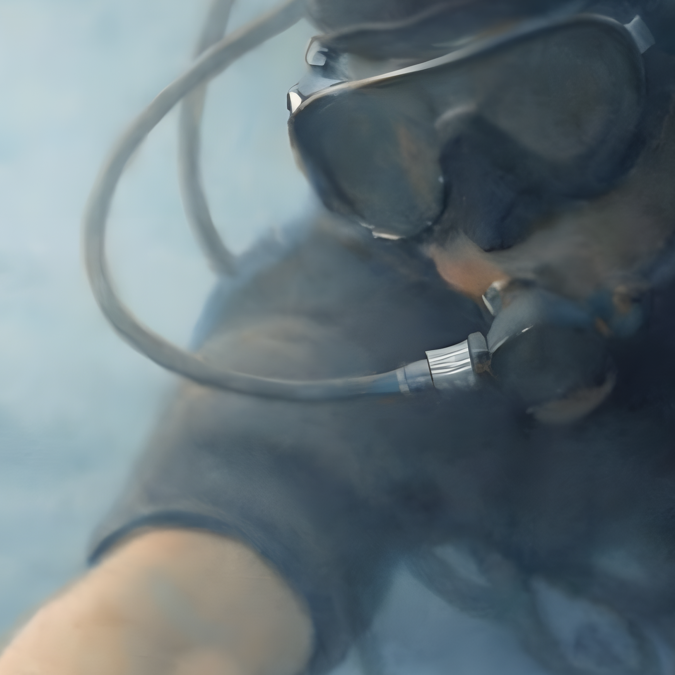 Detail of Tomorrow Reclaimed — scuba diver with diving mask in an environmental civic watercolor fine art print from The Democracy Collection