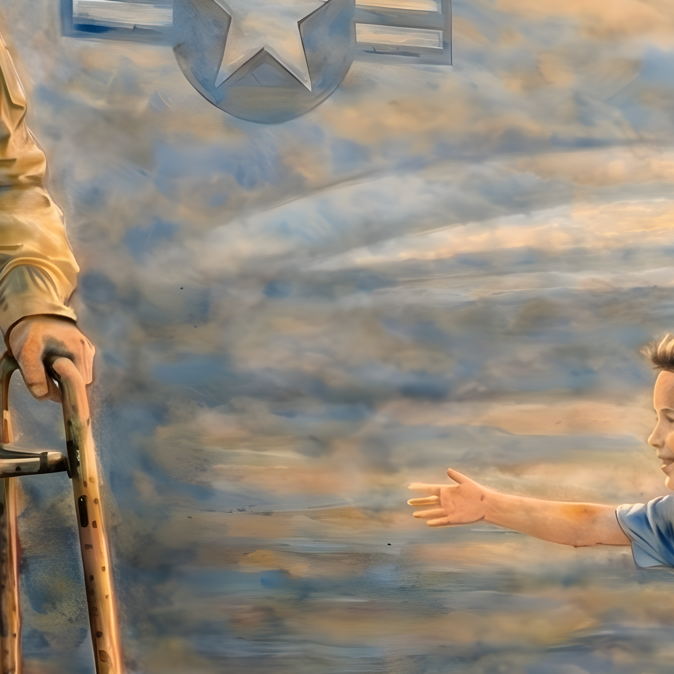 Detail of Homecoming Joy — wounded veteran with cane and child reaching out, in a military homecoming watercolor fine art print from The Democracy Collection