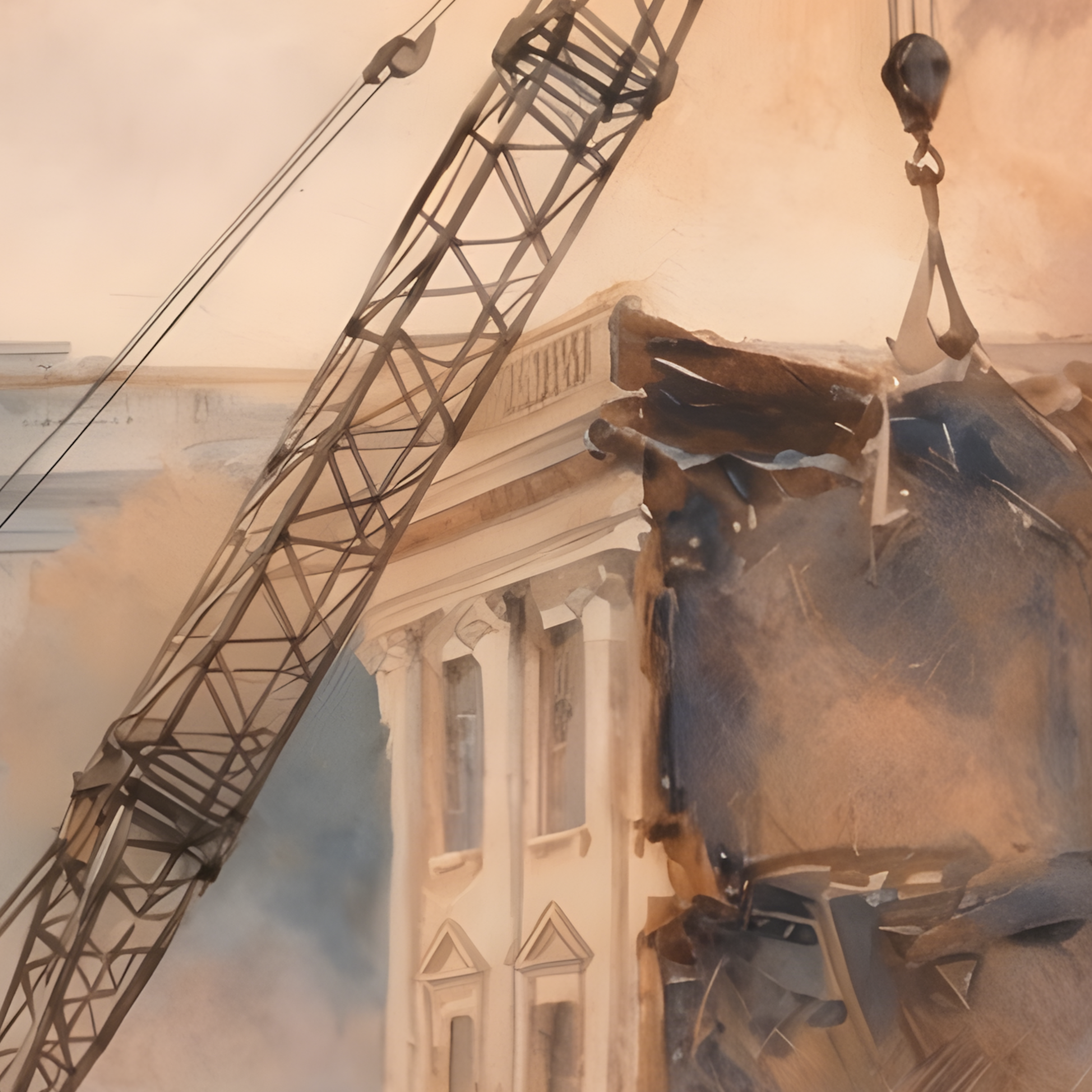 Detail of Dismantled Memory — crane and Capitol demolition in a civic watercolor fine art print from The Democracy Collection