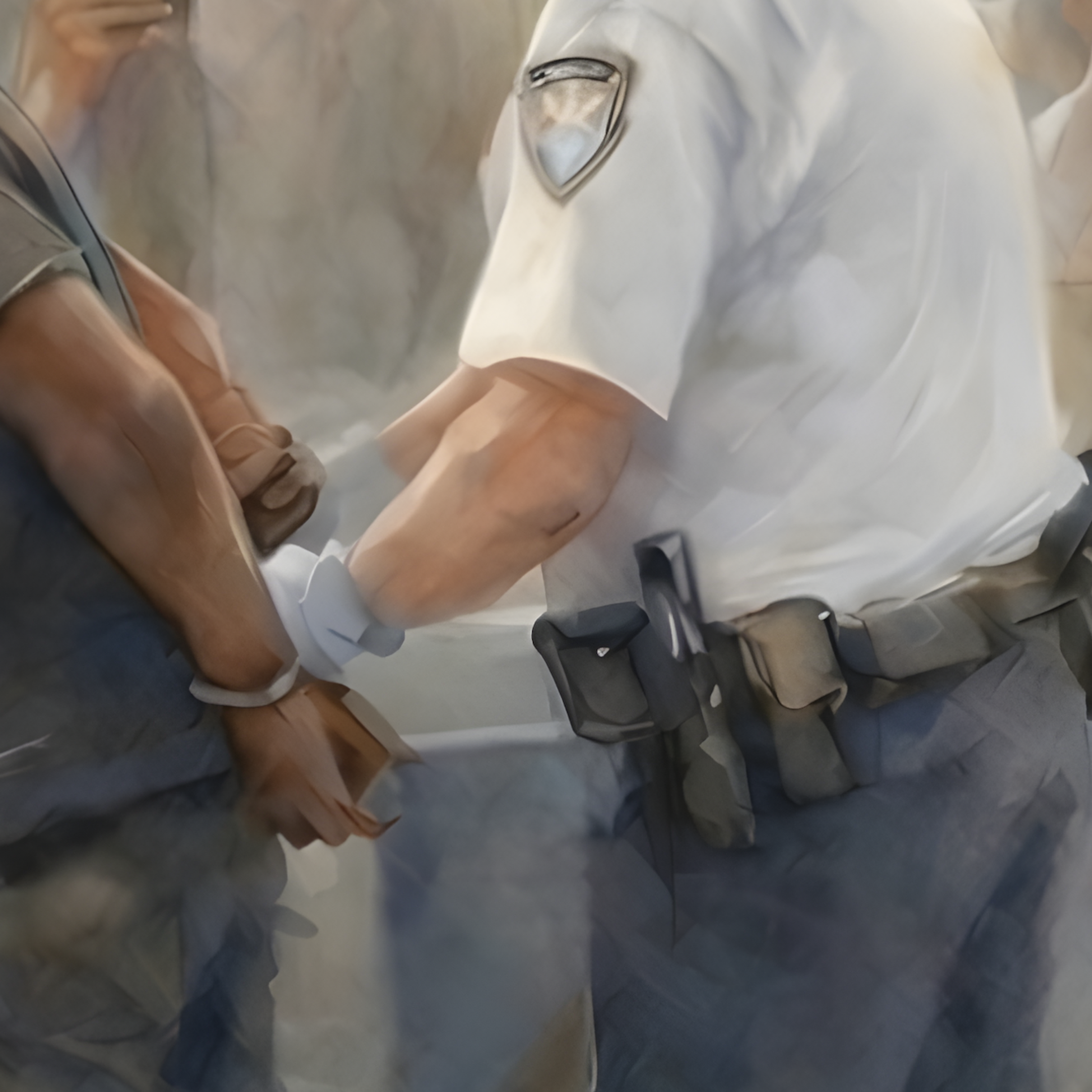 Detail of Public Witness — police handcuffing close-up in a civic accountability watercolor fine art print from The Democracy Collection