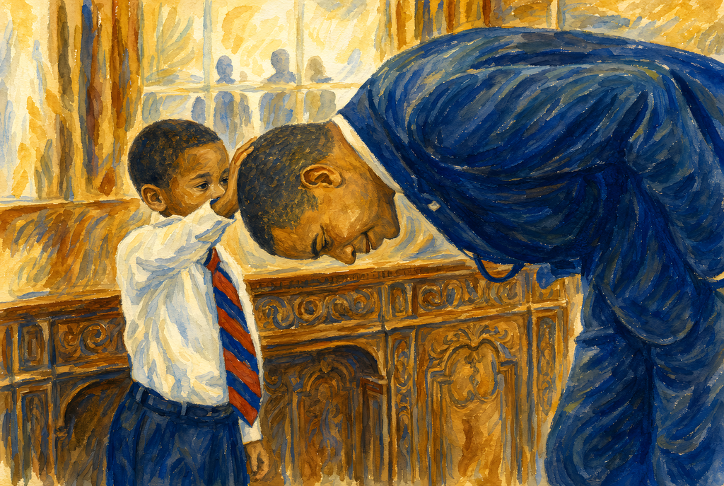 Civic art watercolor showing a young child reaching up to touch the President's hair, symbolizing hope and expanded possibility for the future.
